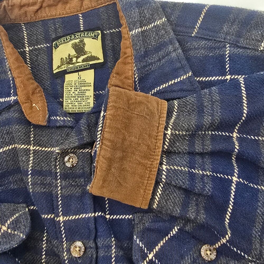 Vintage Field & Stream Heavyweight Flannel Shirt Mens L Gray Plaid Double Pocket - Picture 2 of 6